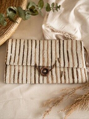 Boho Woven Foldover Clutch Artisan Leather & Clay Button Bag